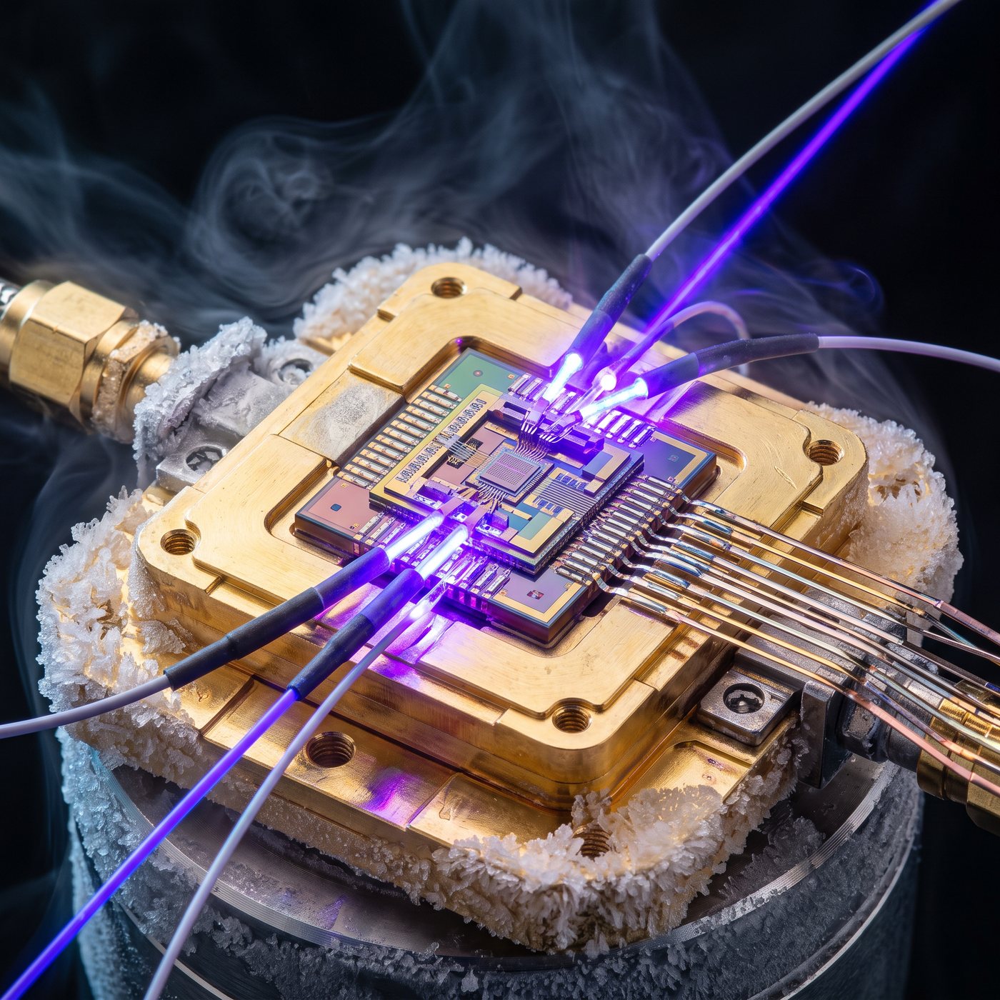 A spintronic quantum chip in a frosted gold cryostat with violet laser links on optical fibers
